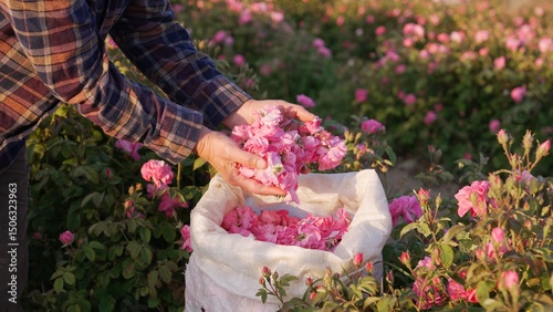 The Damask Rose Harvest. A bag with pink rosebuds and petals