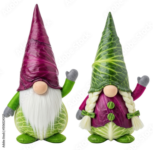 Christmas Cabbage Gnome Couple in Holiday Outfits: Whimsical Vegetable Characters with Braids and Beards for Festive Decor or Seasonal Crafts, PNG Transparent Background