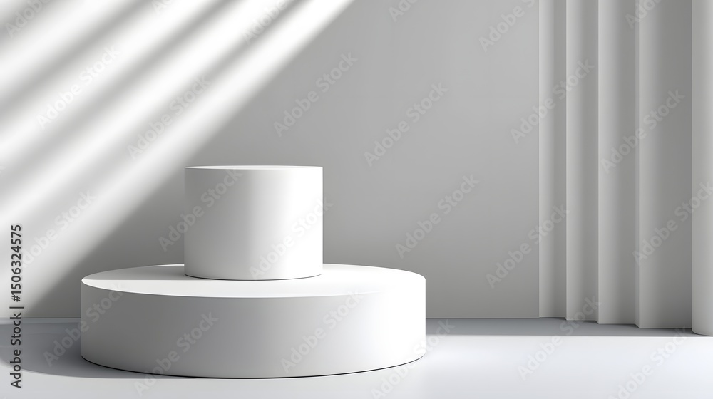 Fototapeta premium A clean, white studio setting with a minimal pedestal and soft shadows.