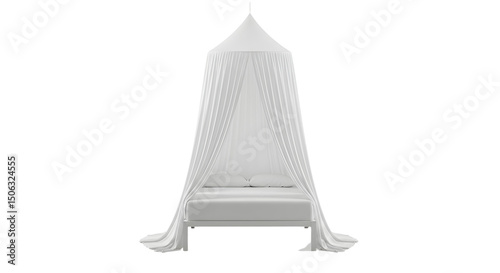 Elegant white canopy bed with flowing curtains, set in a serene bedroom, creating a tranquil atmosphere for relaxation