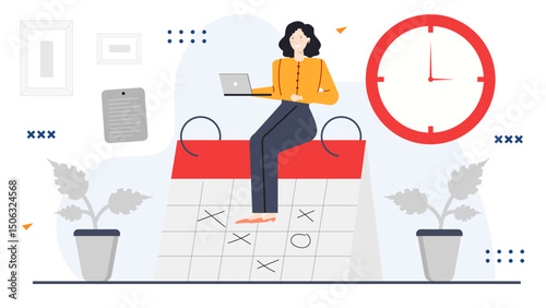 Woman sits on a calendar with a laptop and a clock, perfect for scheduling and time management concepts in modern society.