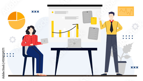 Man presenting graph to woman, discussing statistics, business meeting, teamwork, data analysis, collaboration, teamwork concept, office setting, professional presentation.