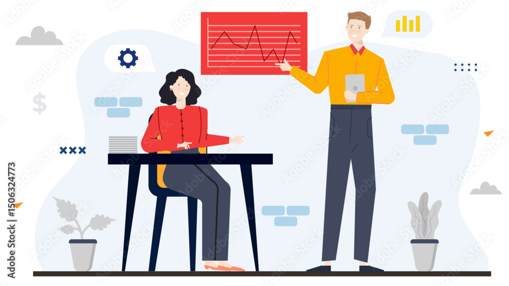 Man points to red graph as woman sits at desk. Perfect for presentations, business meetings, financial consultations, teamworkthemed designs. Man points to red graph as woman sits at desk. Perfect for presentations, business meetings, financial consultations, teamworkthemed designs.