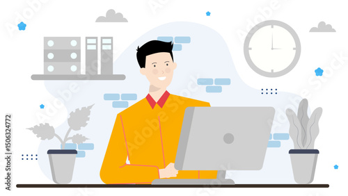 Man working on his laptop at a desk. Suitable for business, technology, remote work, telecommuting, office, WFH, entrepreneur, freelance, creative.