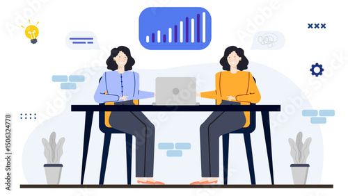 Two women working at a desk with a laptop. Suitable for business, teamwork, office, collaboration, and technology concepts.