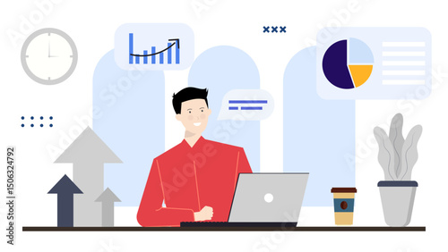 Man working on a laptop with charts and graphs; ideal for business presentations, financial reports, data analysis, technology concepts.