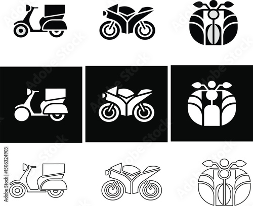 Vector motorcycle logotype icon pack, flat and outline transport symbols, isolated.