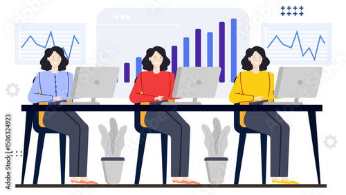 Three women work at desk with plants, using computers. Suitable for workplace, technology, teamwork, business, office, collaboration concepts.