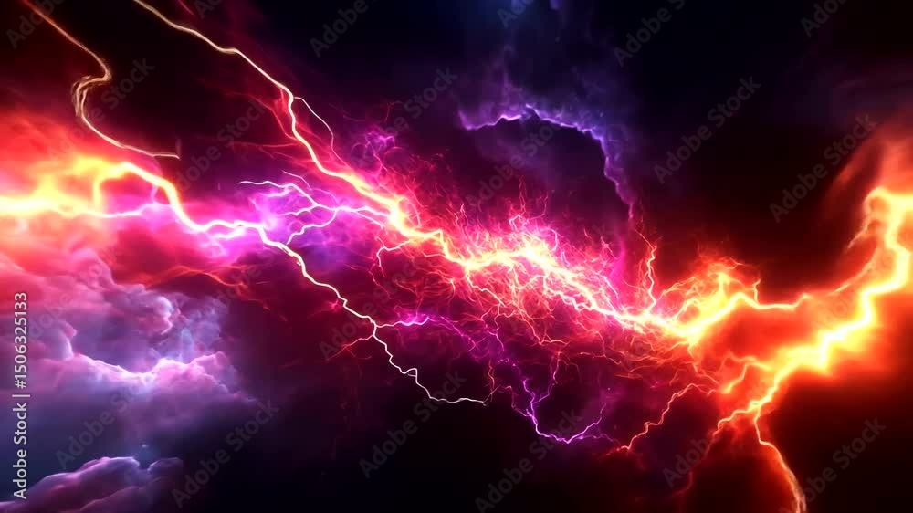 A dynamic, abstract image features vivid lightning strikes set against a backdrop of swirling, colorful cloud-like forms