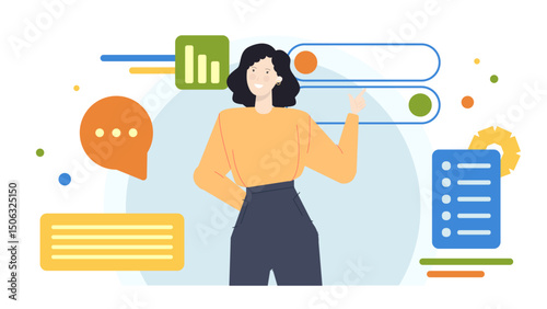 Graphic with woman holding a chart, list, speech bubble, and gear, perfect for business presentations, infographics, marketing materials, professional blogs.