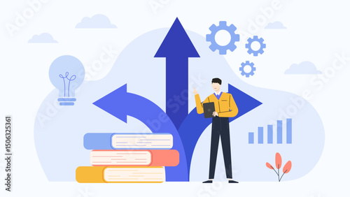 Man with a tablet at a crossroads; decision making, digital technology, choices, future planning, career path, technology in decision making.