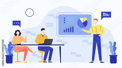 Man presents a business presentation to two colleagues, suitable for showcasing teamwork, collaboration, leadership, and professional communication in a workplace setting.
