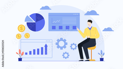 Man presenting charts and graphs suitable for business presentations, data analysis reports, financial meetings, infographic designs, statistics visualizations, and educational materials.