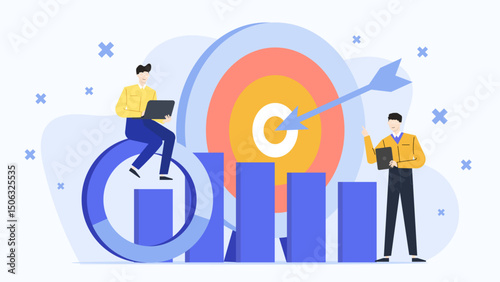 Two men aiming at a target with an arrow; perfect for business concepts, goal setting, teamwork, success, competition, and achievement.