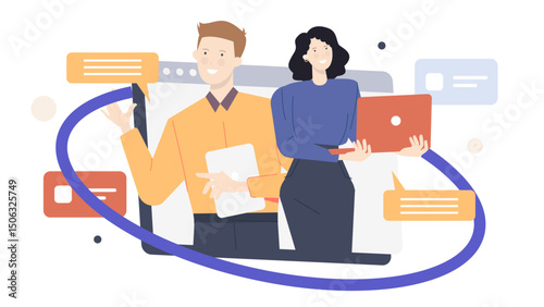 Man and woman in video call, suitable for digital communication concepts, remote work, online meetings, technology, and virtual conversations.