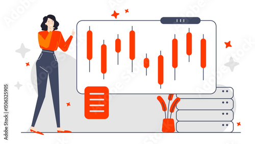 Woman points at a chart of candlesticks on a screen. Ideal for financial presentations, stock market analysis, investment articles, business reports.