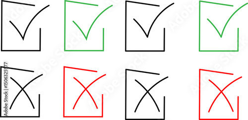 Check Mark and Cross Box: Approval and Rejection Icons, Tick and X Symbol Set: Outline UI Indicators,
Confirmation and Error Check boxes: Versatile Graphics.