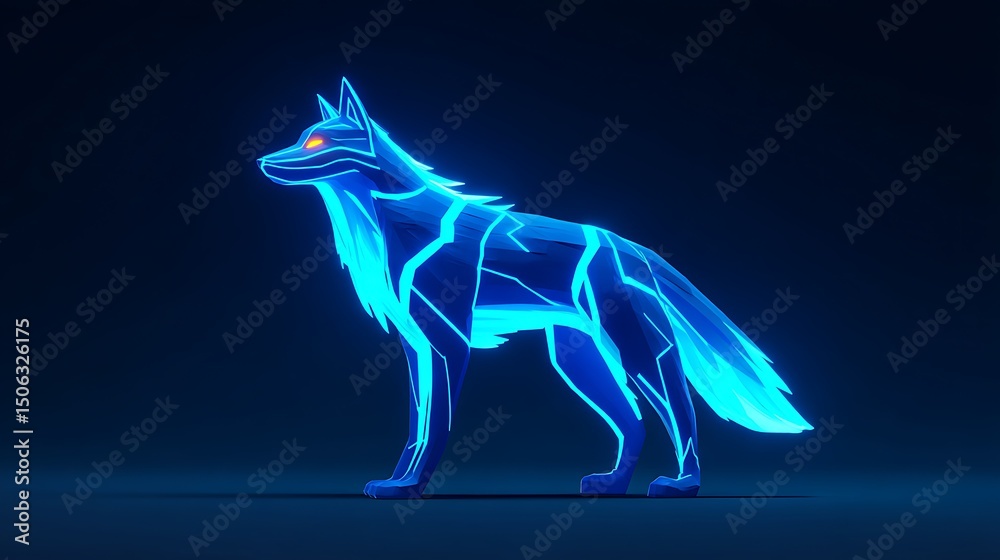 Fototapeta premium 3D stylized wolf with glowing eyes and blue mane
