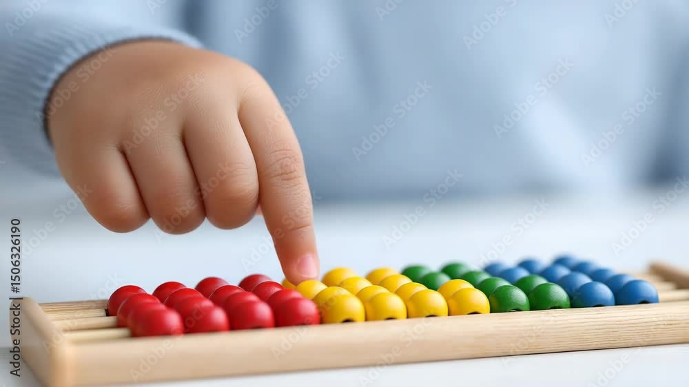 Toddler learns Abacus: A toddler is engrossed in learning, carefully manipulating colorful beads on an abacus to improve skill.