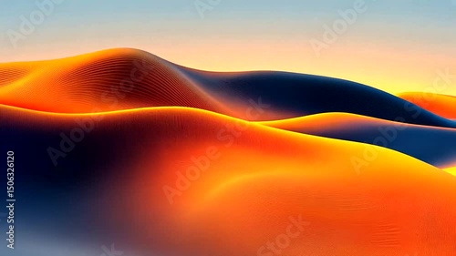 Abstract ridged landscape with blue and orange tones under a pale sky creates a visually striking and surreal desert vista