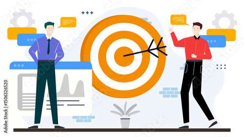 Two men by target with arrow. Suitable for business success concepts, goal achievement, teamwork, competitive strategy, and sports themed designs.