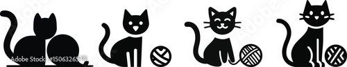 Vector silhouette of a cat playing with yarn on a plain white background

