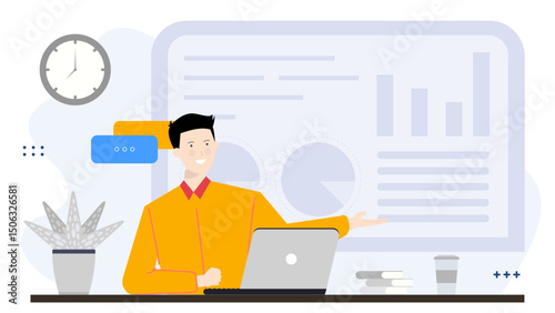 Business presentation with laptop. Suitable for website banners, brochures, blog posts, and social media content related to business and technology.