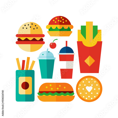 Flat Design Fast Food Collection, Set of Colorful Fast Food Icons, Delicious Snack Variety