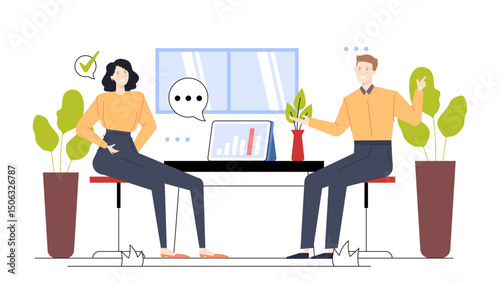 Two people discussing something at a desk with plants, suitable for business meeting, teamwork, office collaboration, brainstorming concepts.