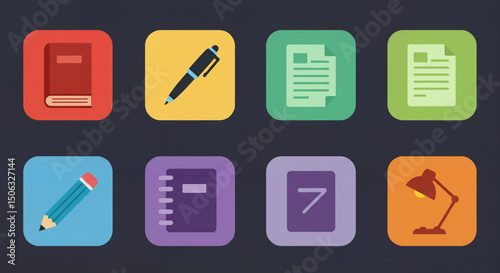 Flat icons set for education and stationery, in colorful squares