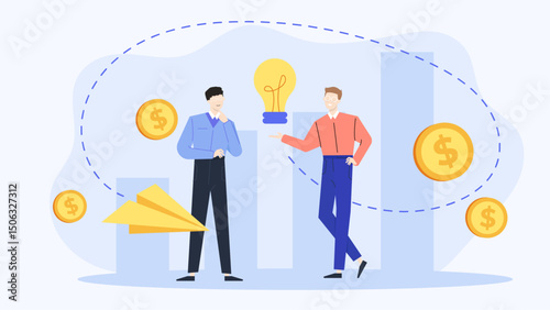 Two men holding dollar coins, discussing a concept, suitable for financial planning or brainstorming business ideas in a diverse environment.