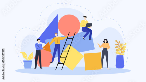 Four people standing around geometric shapes, suitable for business presentations, teambuilding concepts, educational materials, and modern design projects.