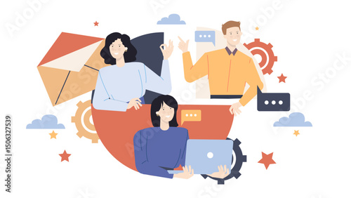 Three people collaborating with laptop, envelope, and gears. Perfect for teamwork, collaboration, business communication, brainstorming, and innovation concepts.