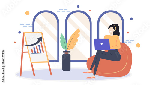 Woman in an office sitting on a beanbag chair, using a laptop. Suitable for tech, remote work, office environment concept.