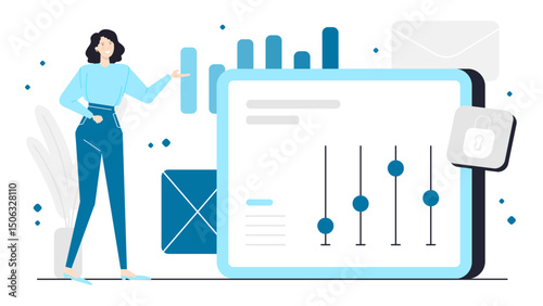 Woman setting a digital display with a padlock. Ideal for cybersecurity, data protection, technology, and privacy concept illustrations.