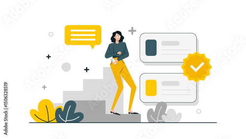 Woman stands on steps by checkmarked cards. Ideal for success and completion concepts in business, education, and goalsetting designs.