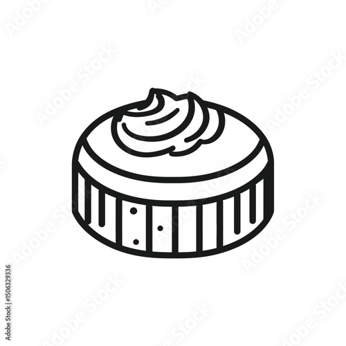 Simple black line drawing shows an individual circular cake with icing on top
