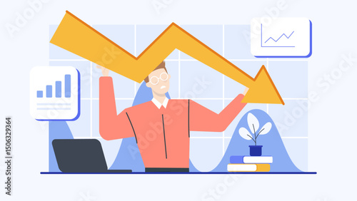 Man holding a downward pointing arrow, concept of decrease or negative trend, suitable for financial, business, and investment concepts.