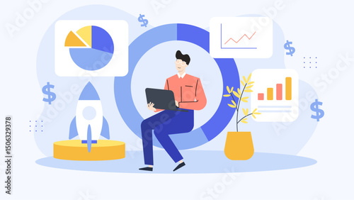 Man at laptop with graphs and rocket; ideal for technology, space exploration, business, innovation, and digital communication concepts.