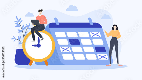 Two people planning a meeting near a clock and calendar, perfect for business and time management concepts in presentations.