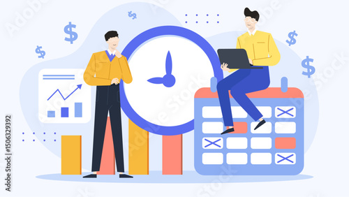 Two men next to a clock, calendar, and graph. Shows teamwork, time management, and planning. Perfect for business presentations and marketing.