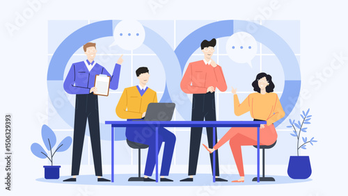 Group of four people engaged in a discussion during a business meeting. Suitable for business presentations, teamwork concepts, or office environment visuals.