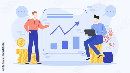 Two men analyzing financial data and money stacks. Suitable for presentations, finance blogs, investment reports, business articles, and marketing materials.