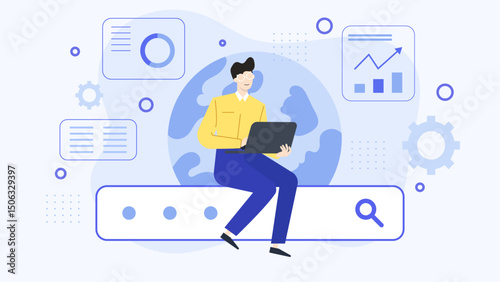 Man on globe with laptop, global communication concept, business traveler, digital nomad, international work, technology on a global scale.