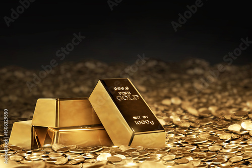 Stack of shiny gold bars with pile of golden coin