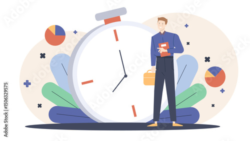 Businessman poses next to clock with briefcase and folder. Perfect for time management, punctuality, business meetings, deadlines concepts.