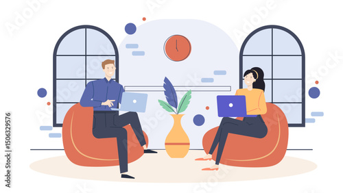 Two people on beanbags using laptops, collaboration, remote work, technology, modern workspace, co-working, digital nomads, teamwork, leisure, relaxation.