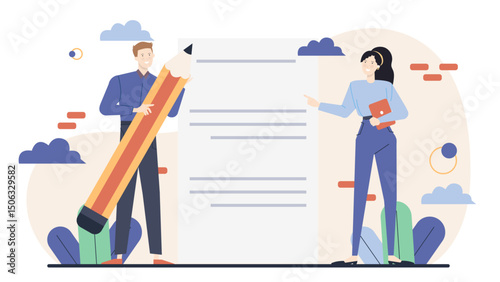 Two people standing near blank paper. Ideal for business meetings, presentations, brainstorming sessions, collaborative projects, teamwork concepts.