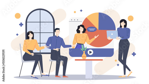 Presentation featuring a pie chart with three people, perfect for business reports or statistics discussions. Team collaboration illustrated.