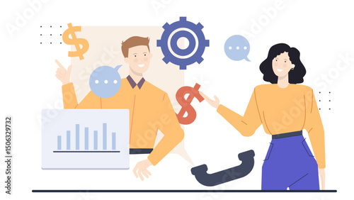 Man and woman analyze finances with graph, having a discussion, suitable for financial presentations, business blogs, and marketing materials.